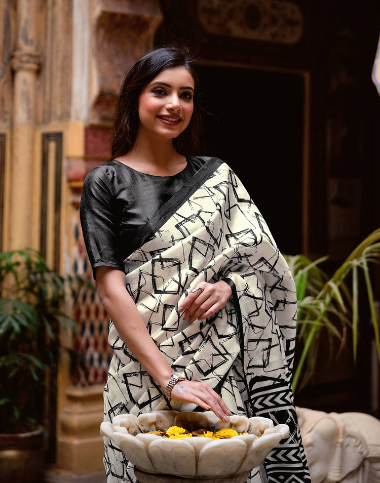 Off White Khadi Abstract Printed Saree