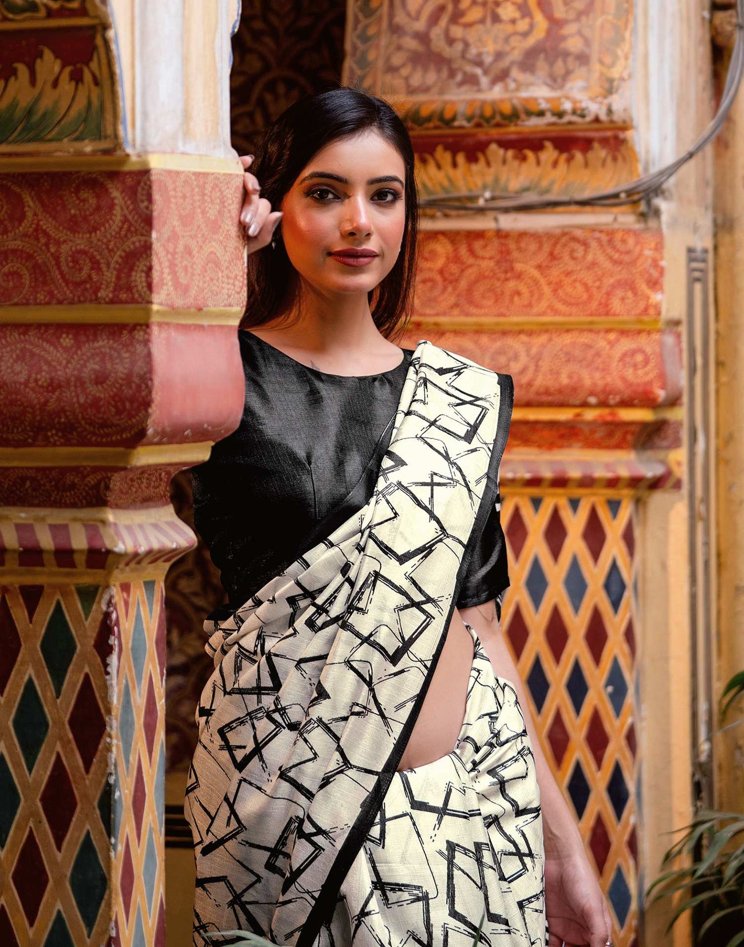 Off White Khadi Abstract Printed Saree