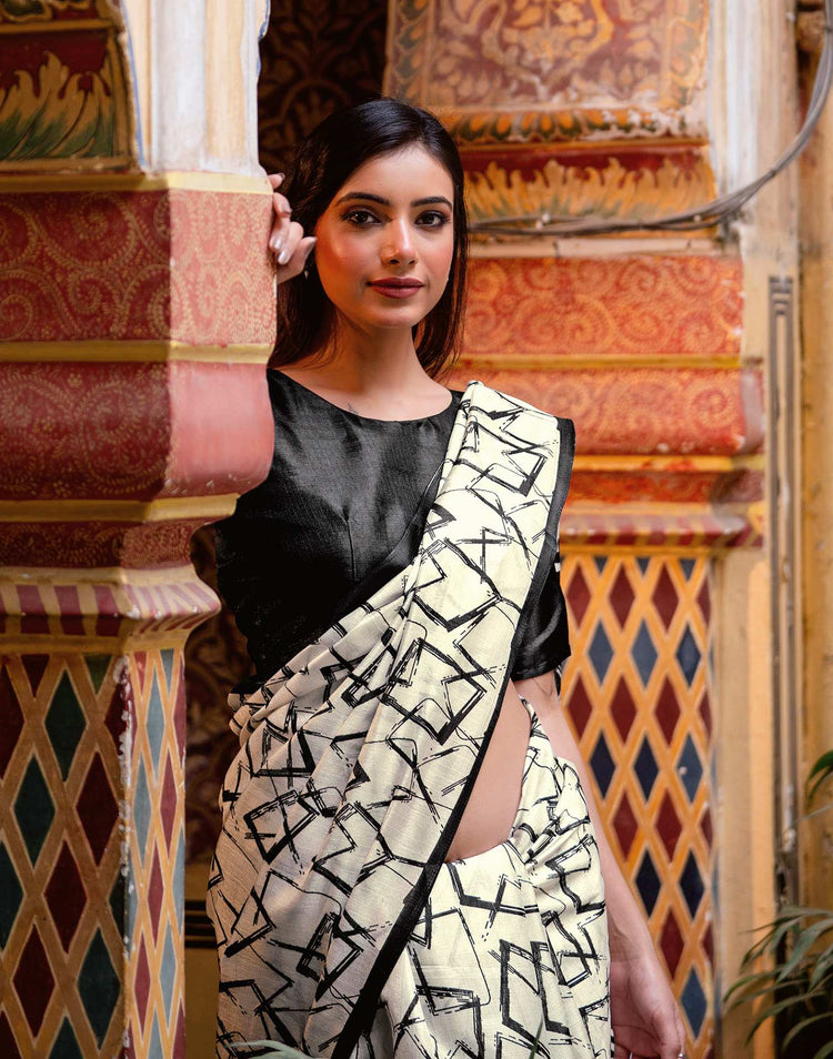 Off White Khadi Abstract Printed Saree