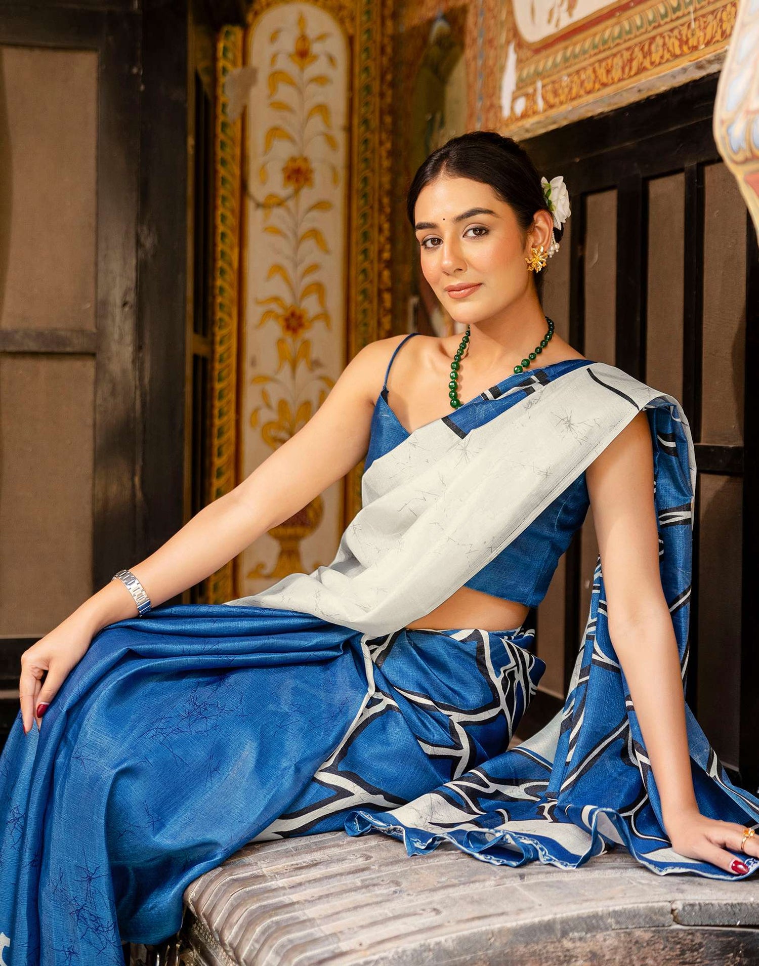 Blue Khadi Abstract Printed Saree