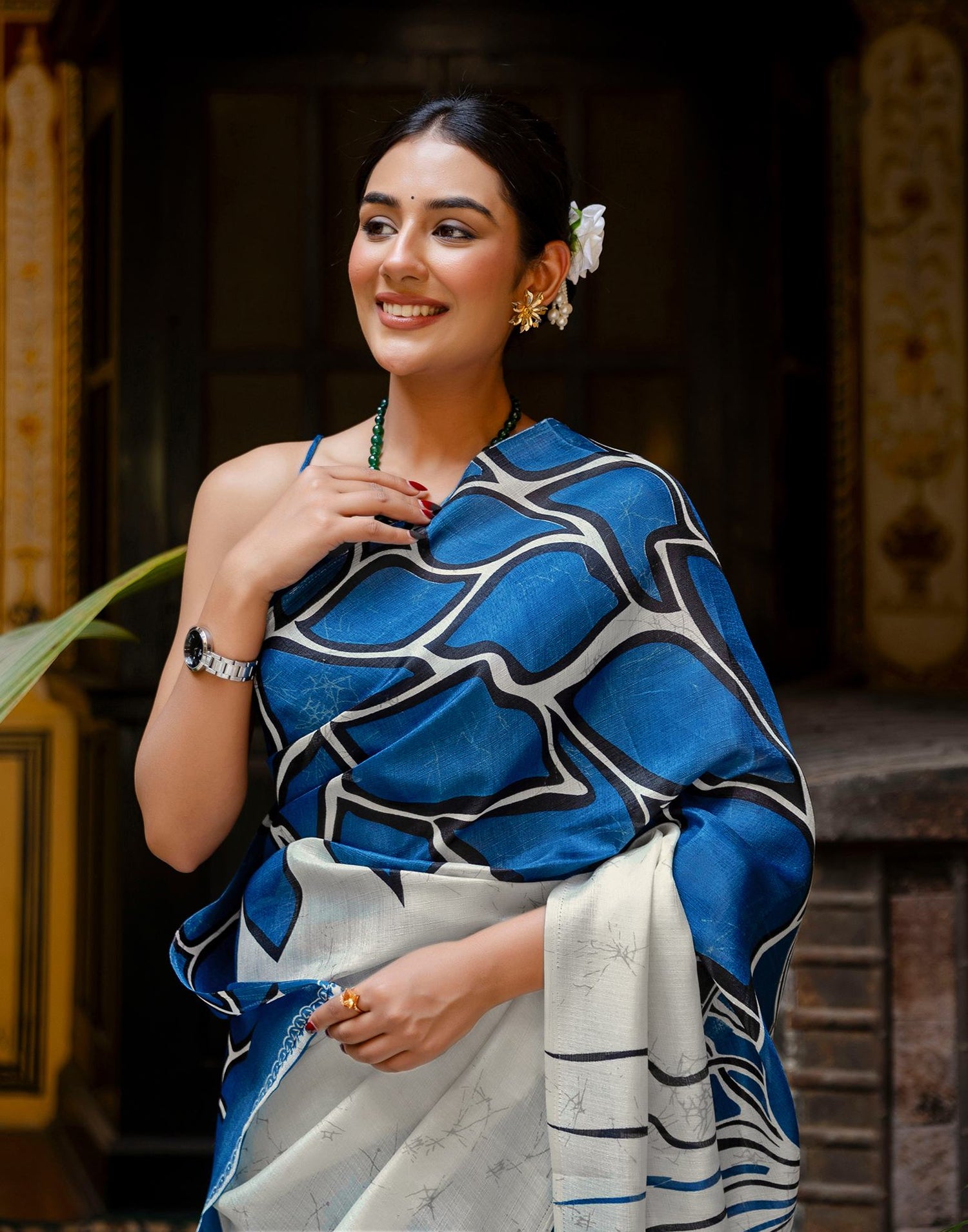 Blue Khadi Abstract Printed Saree