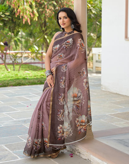 Mauve Linen Floral Printed Saree