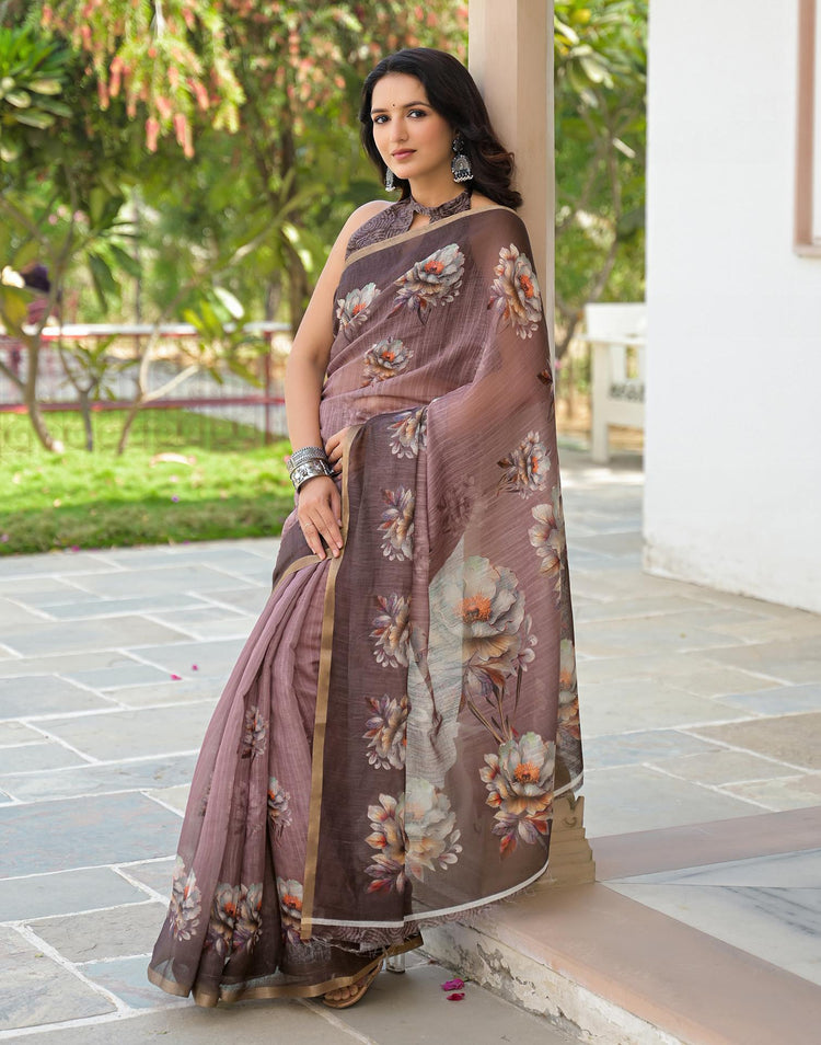 Mauve Linen Floral Printed Saree