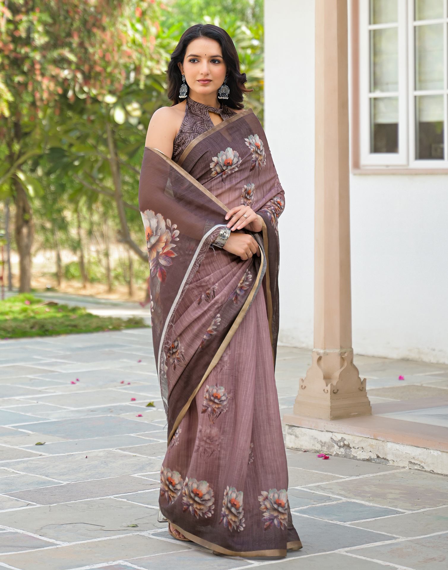 Mauve Linen Floral Printed Saree