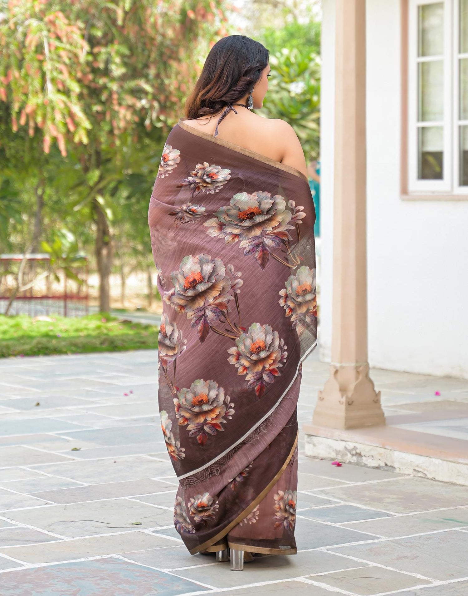 Mauve Linen Floral Printed Saree