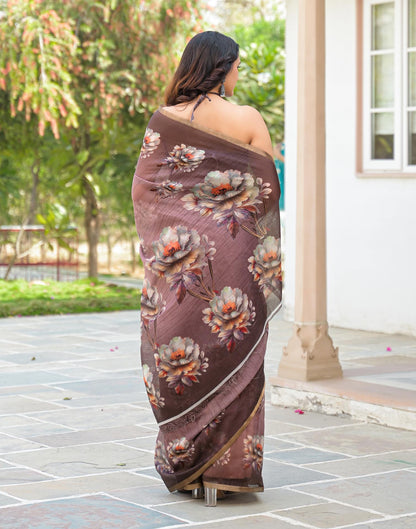 Mauve Linen Floral Printed Saree