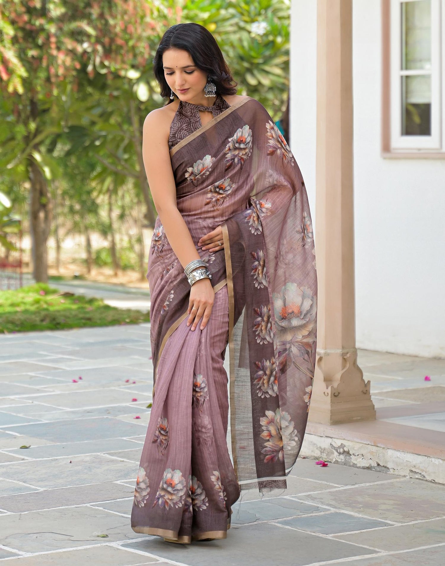 Mauve Linen Floral Printed Saree
