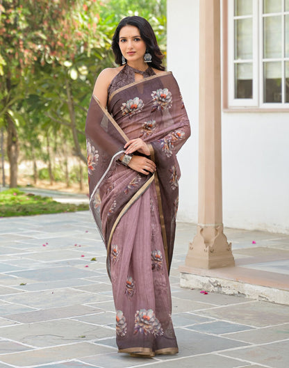 Mauve Linen Floral Printed Saree