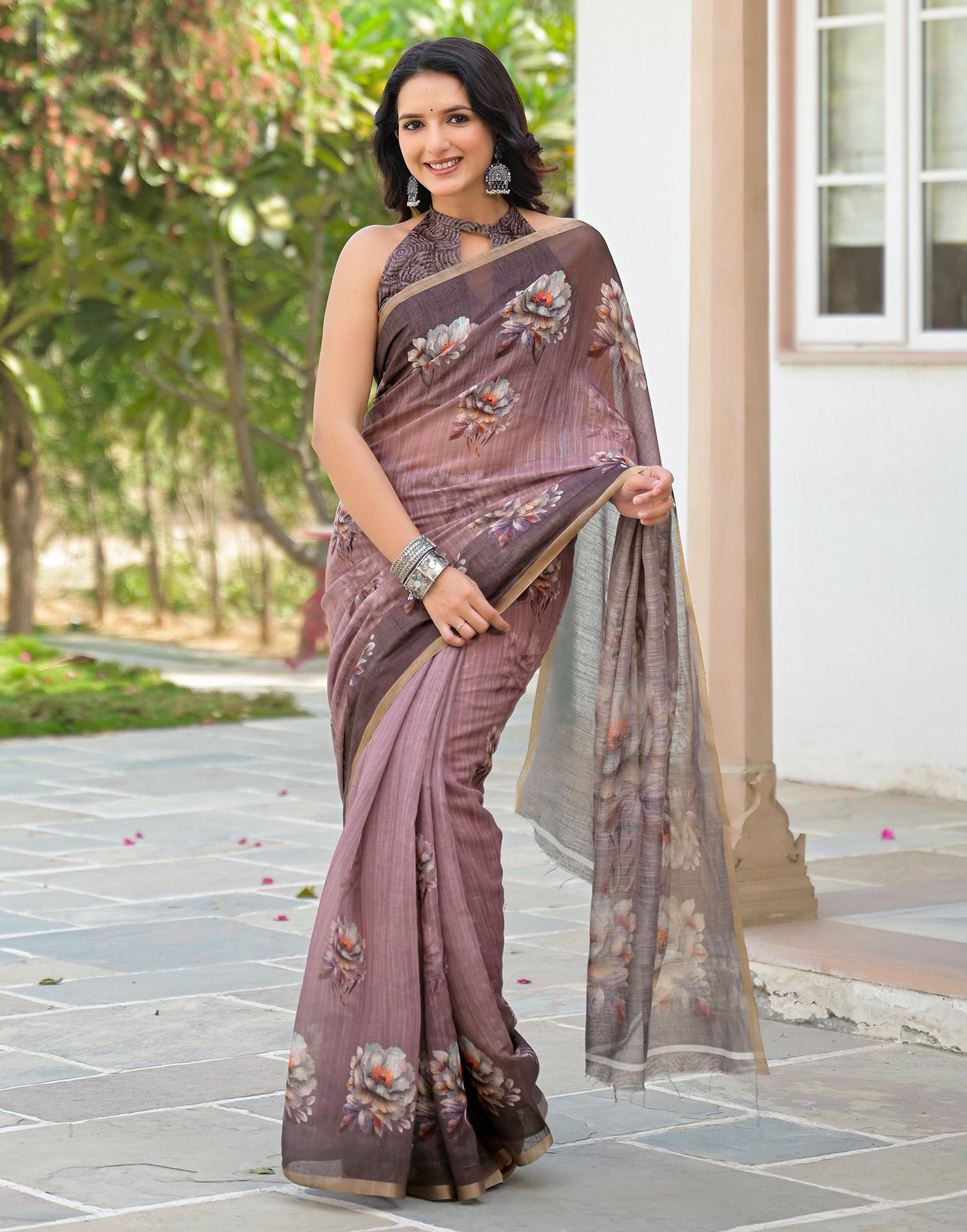 Mauve Linen Floral Printed Saree