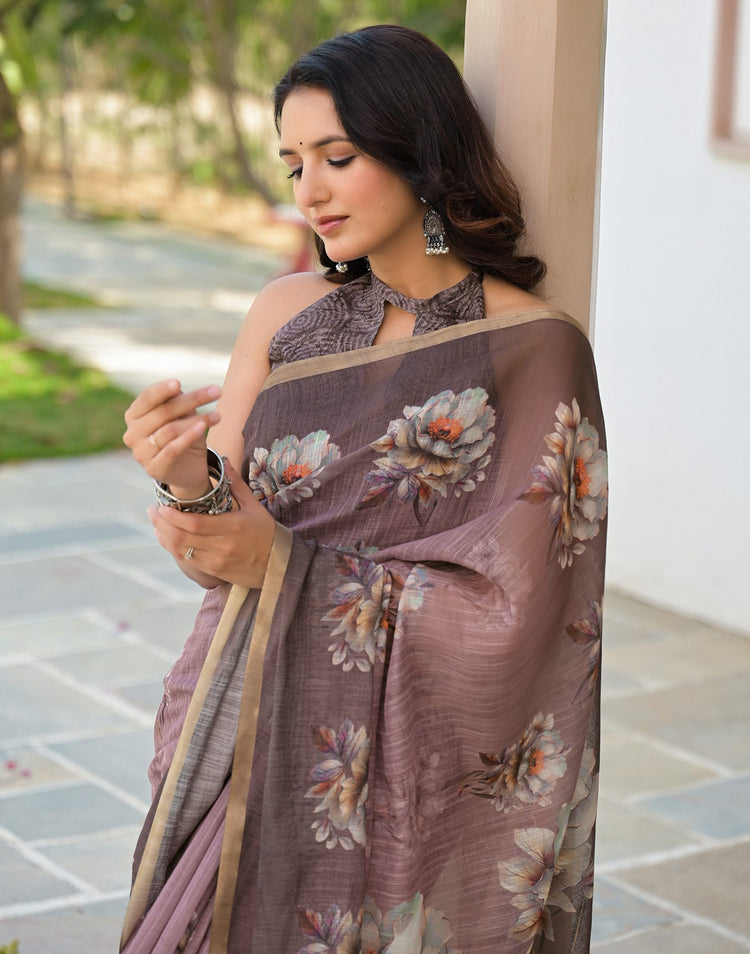 Mauve Linen Floral Printed Saree