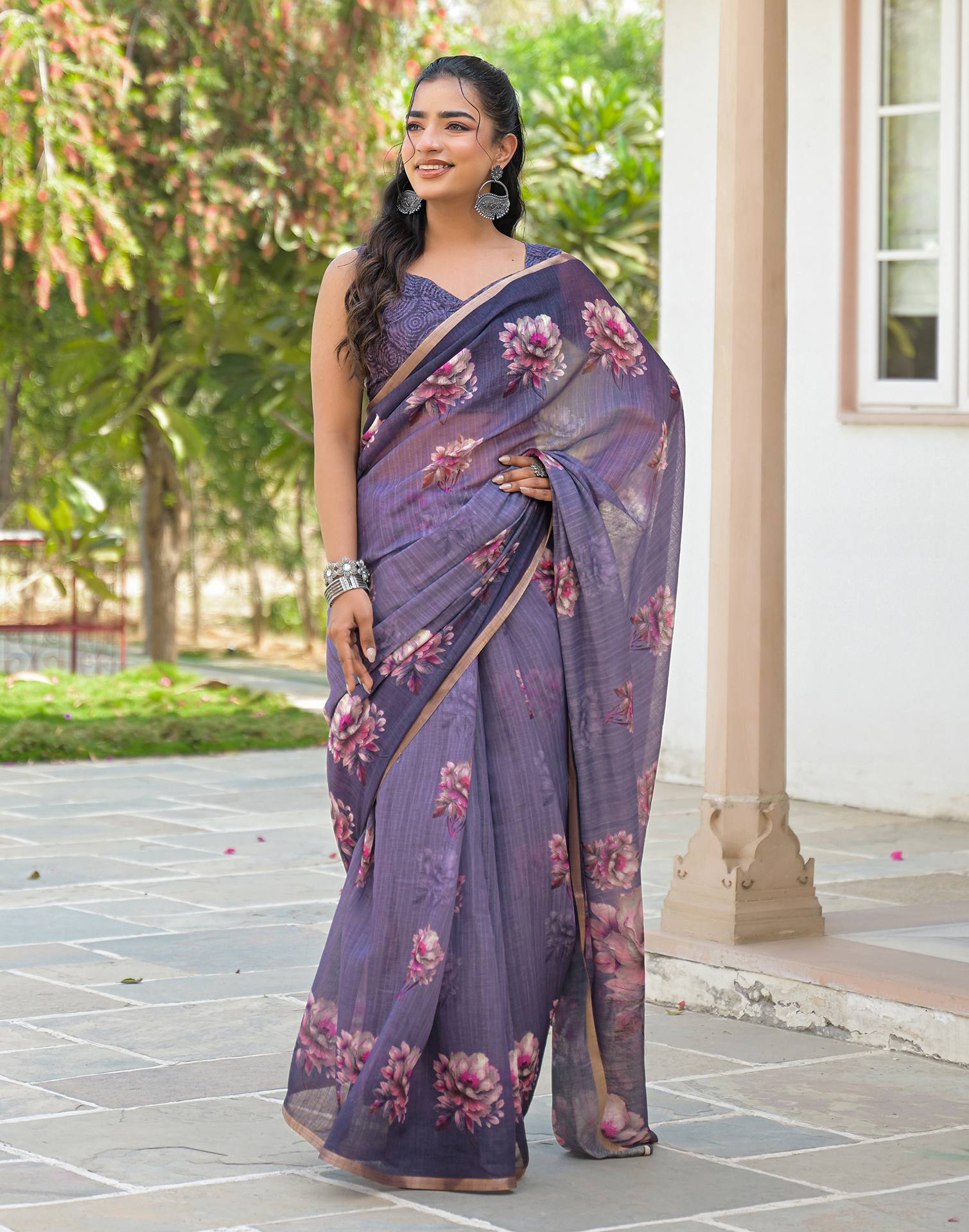 Dusty Purple Linen Floral Printed Saree