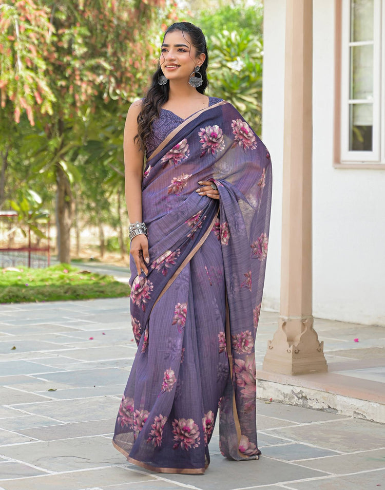 Dusty Purple Linen Floral Printed Saree