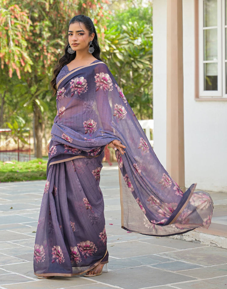 Dusty Purple Linen Floral Printed Saree