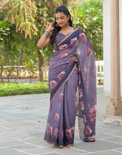 Dusty Purple Linen Floral Printed Saree