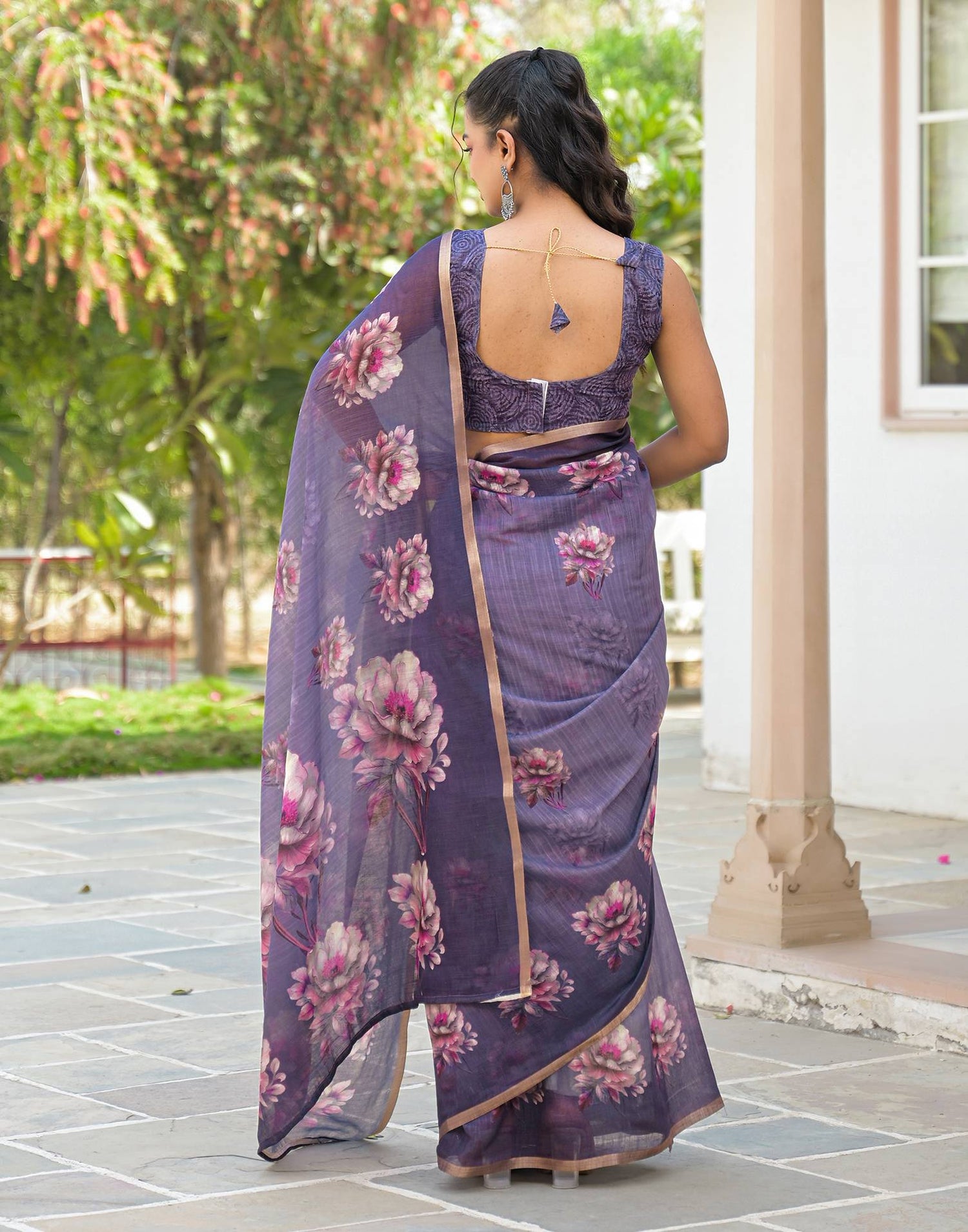 Dusty Purple Linen Floral Printed Saree