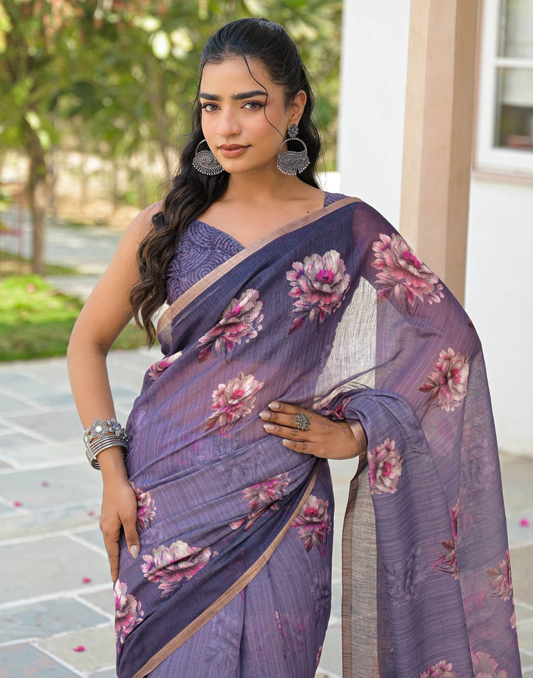 Dusty Purple Linen Floral Printed Saree