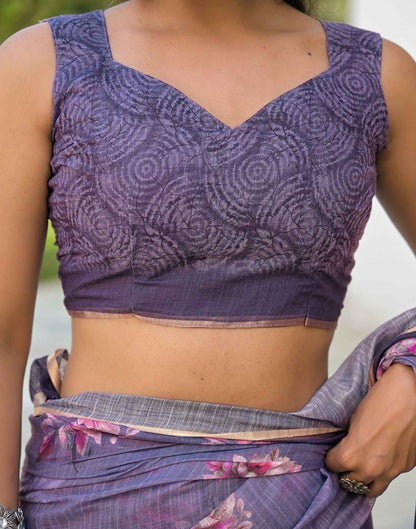 Dusty Purple Linen Floral Printed Saree