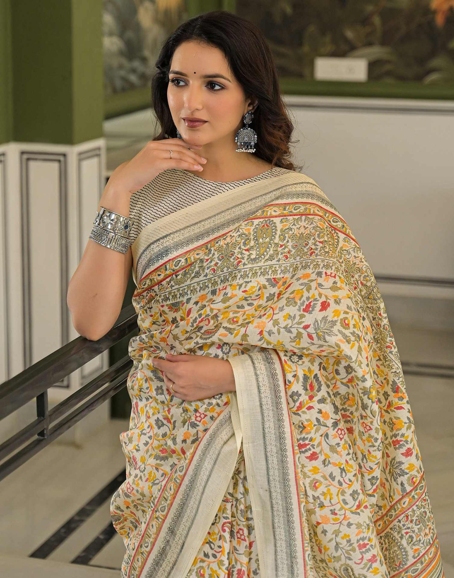 Beige Khadi Printed Saree