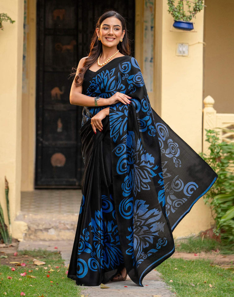 Black Khadi Floral Printed Saree
