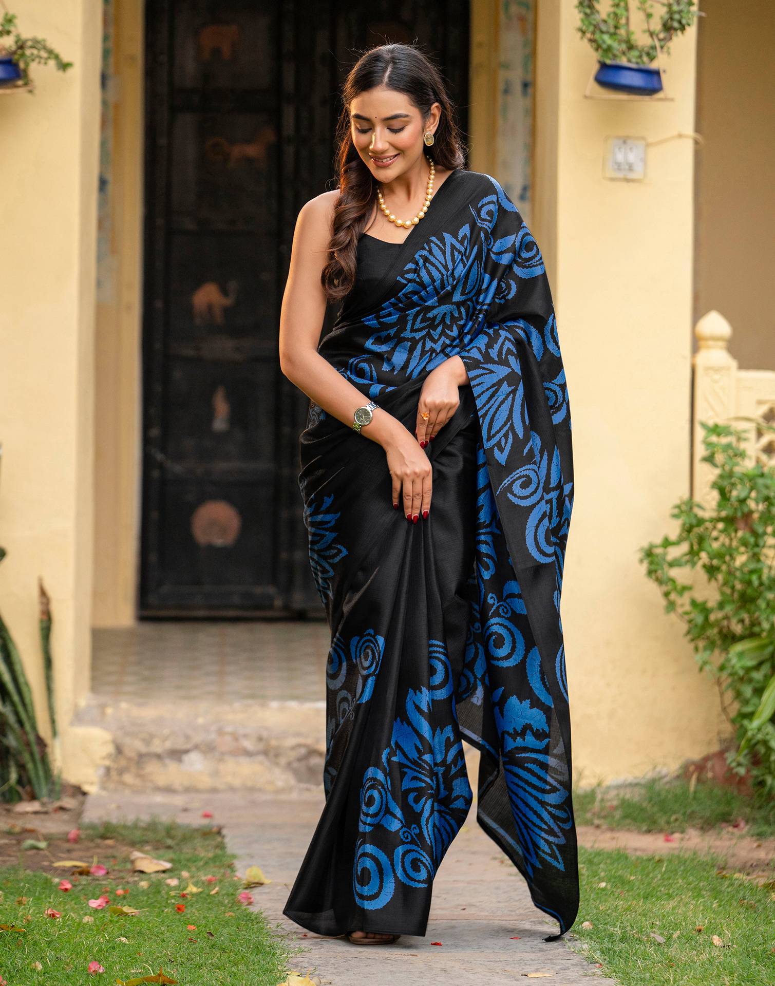 Black Khadi Floral Printed Saree