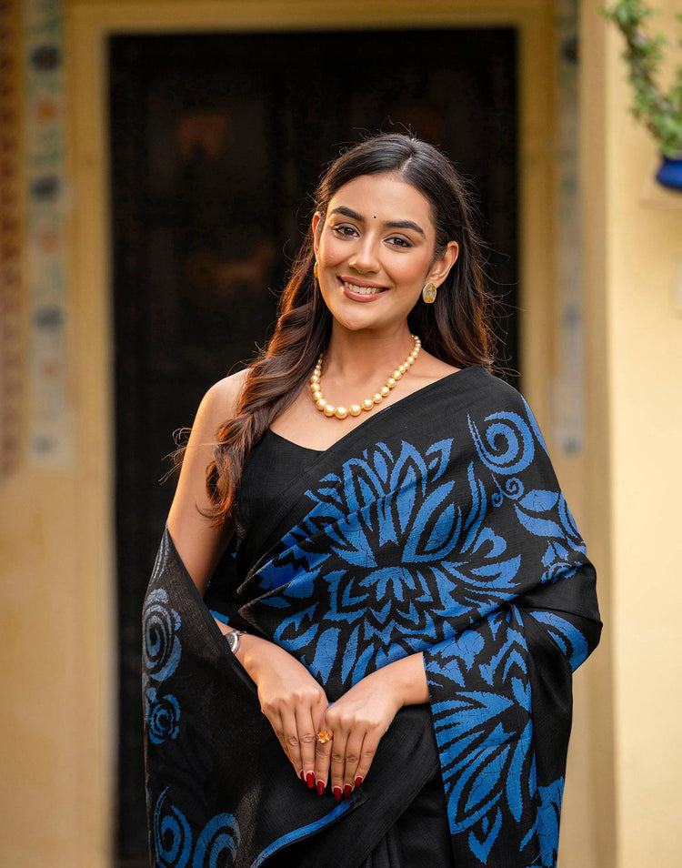 Black Khadi Floral Printed Saree