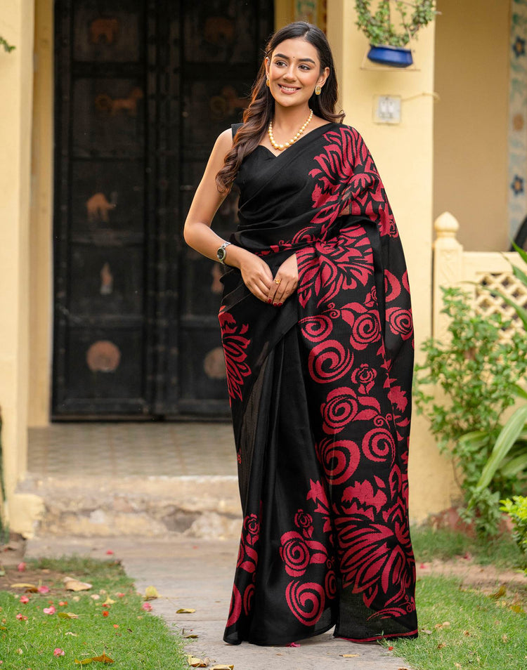 Black Khadi Floral Printed Saree