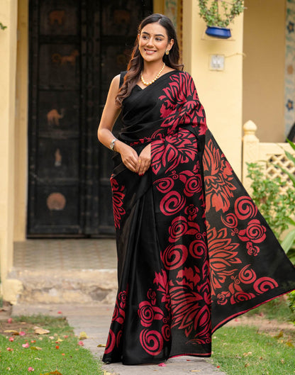 Black Khadi Floral Printed Saree