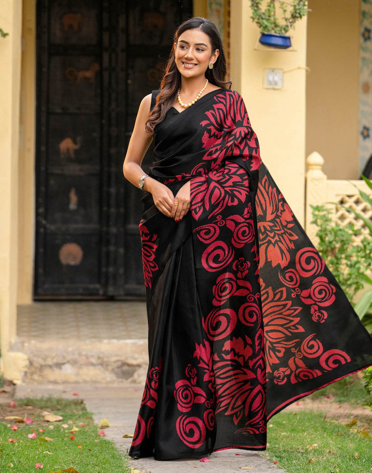 Black Khadi Floral Printed Saree