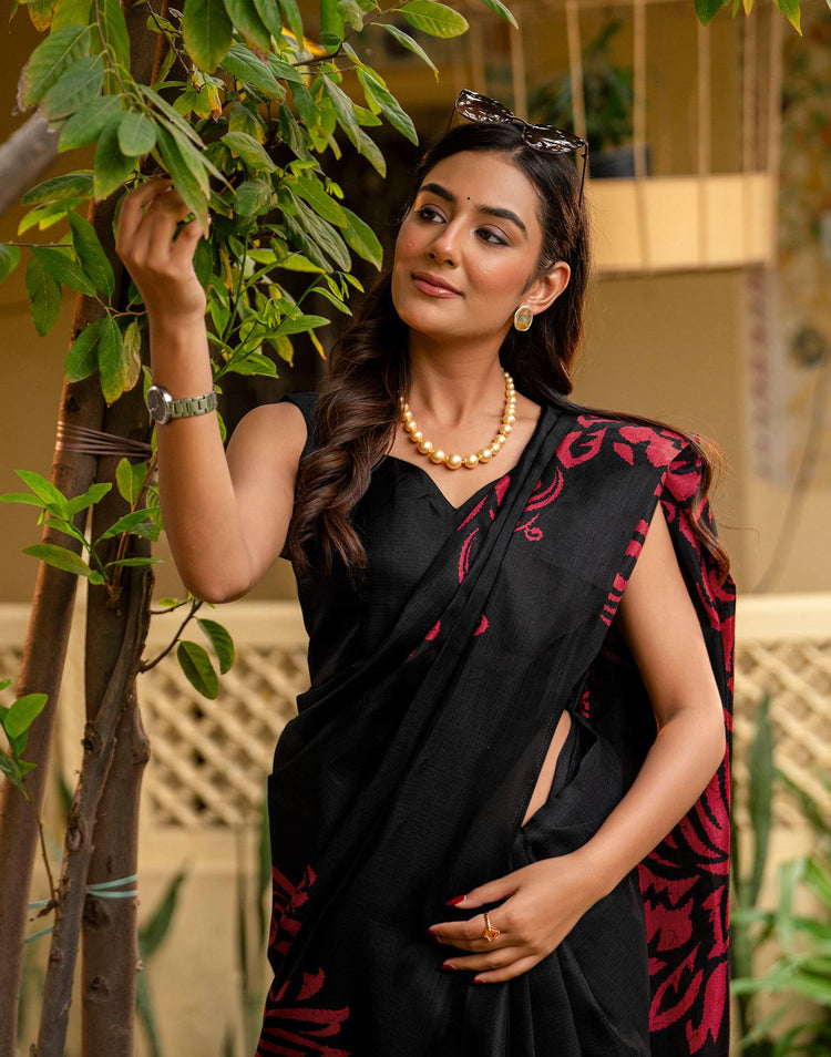 Black Khadi Floral Printed Saree