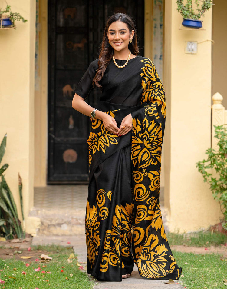 Black Khadi Floral Printed Saree