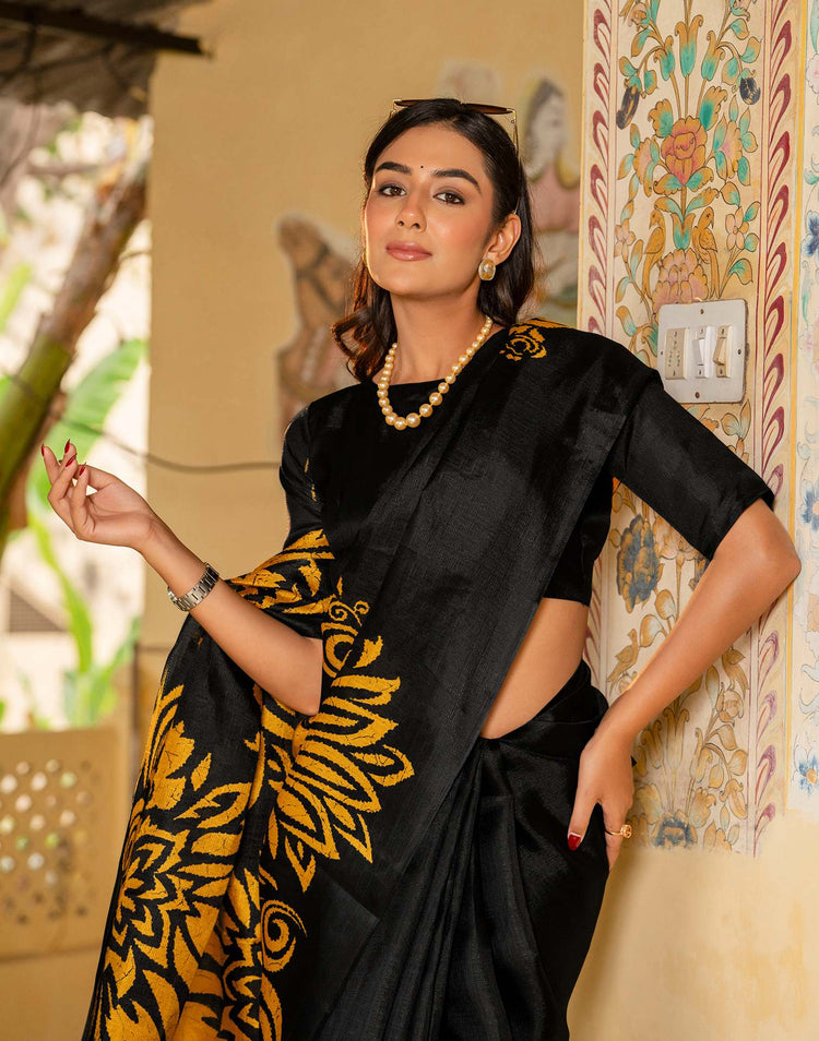 Black Khadi Floral Printed Saree