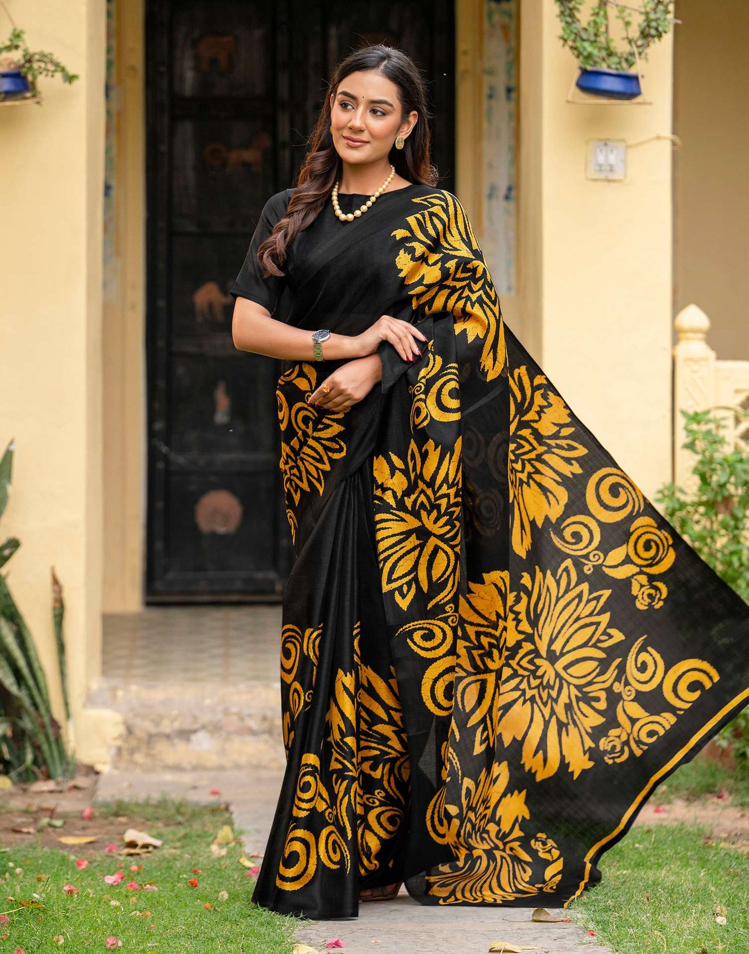 Black Khadi Floral Printed Saree