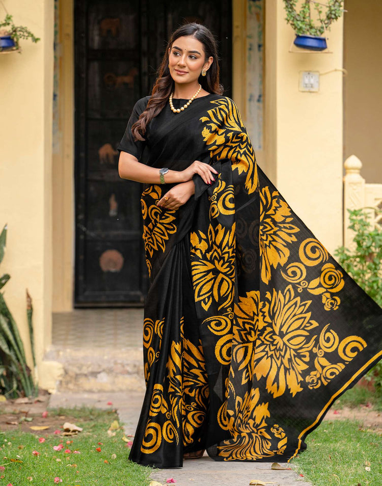 Black Khadi Floral Printed Saree