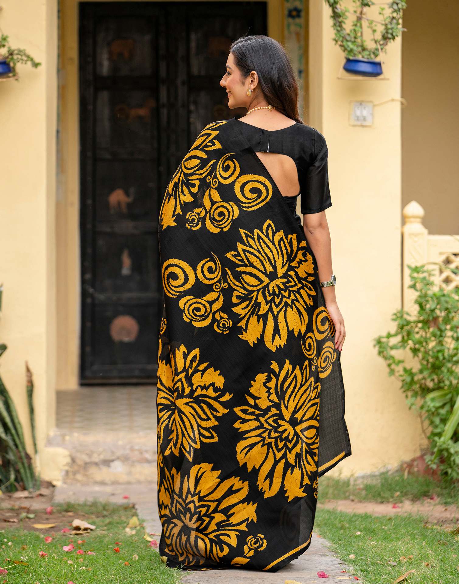 Black Khadi Floral Printed Saree
