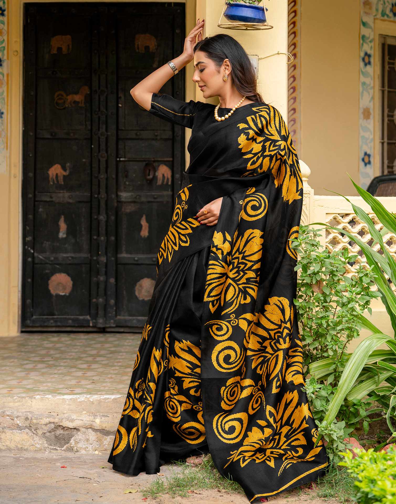 Black Khadi Floral Printed Saree