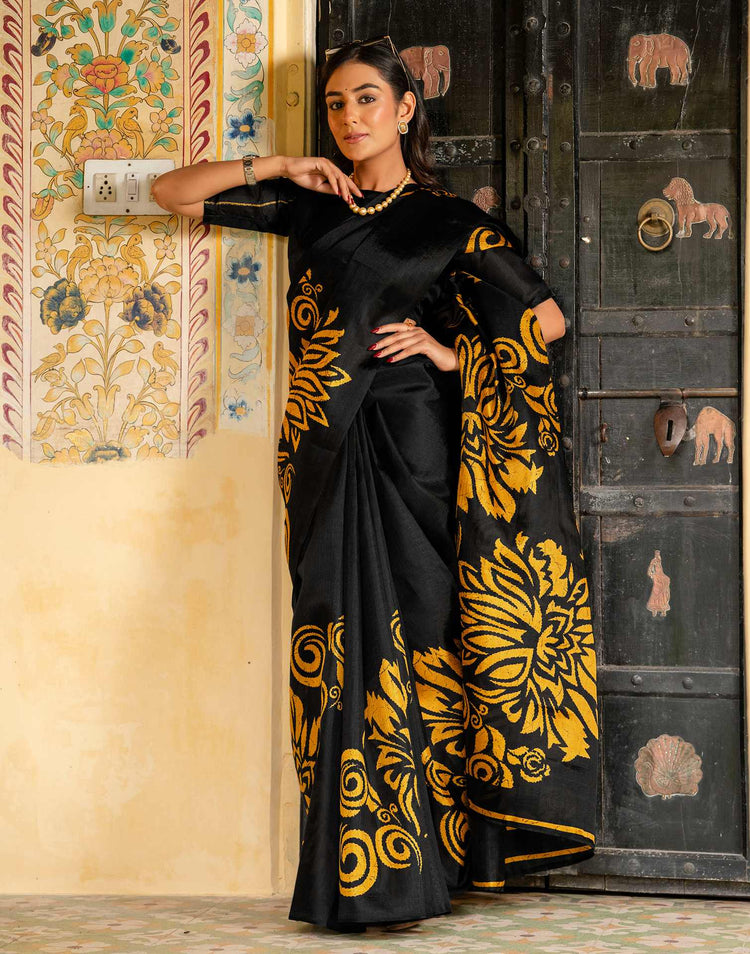 Black Khadi Floral Printed Saree