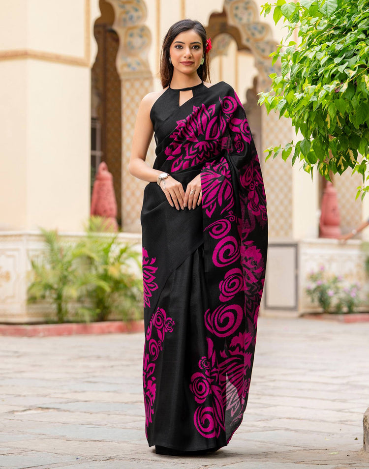Black Khadi Floral Printed Saree
