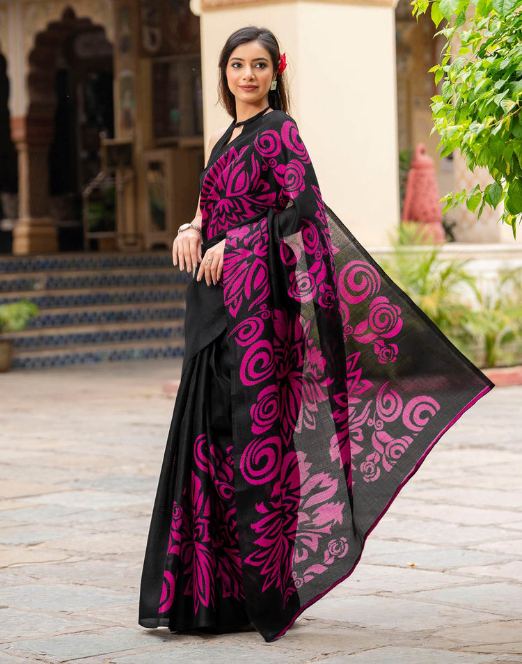 Black Khadi Floral Printed Saree