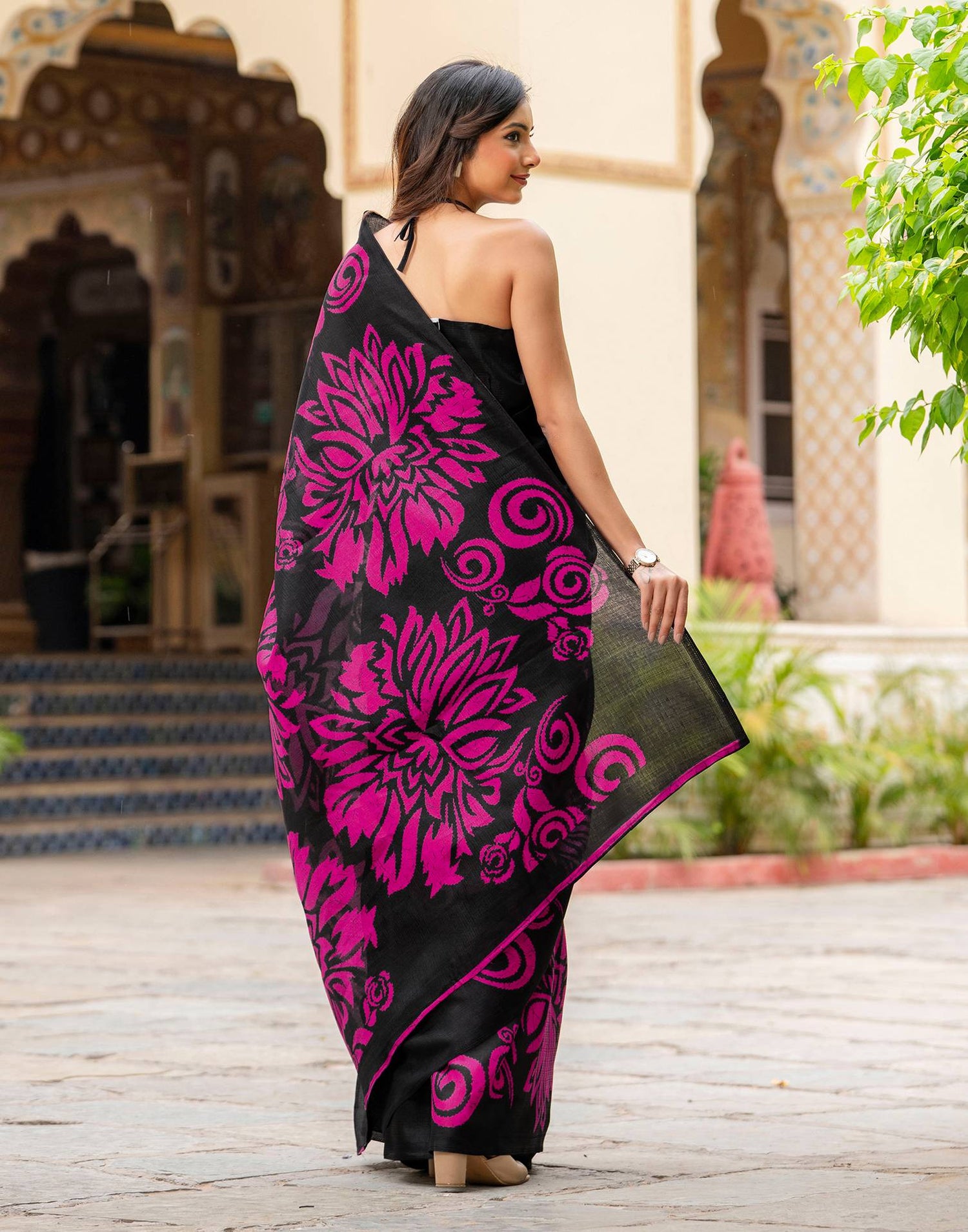 Black Khadi Floral Printed Saree