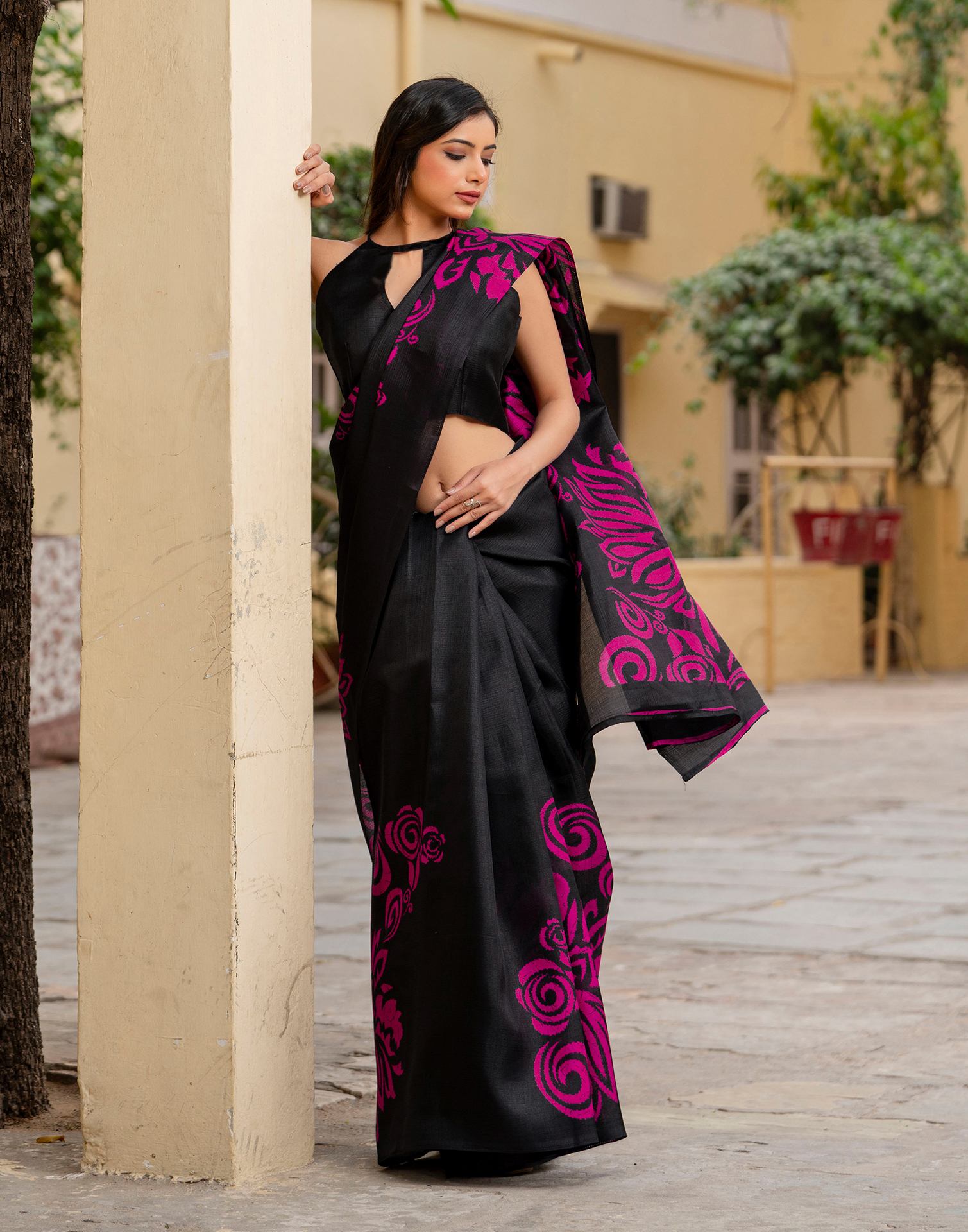 Black Khadi Floral Printed Saree