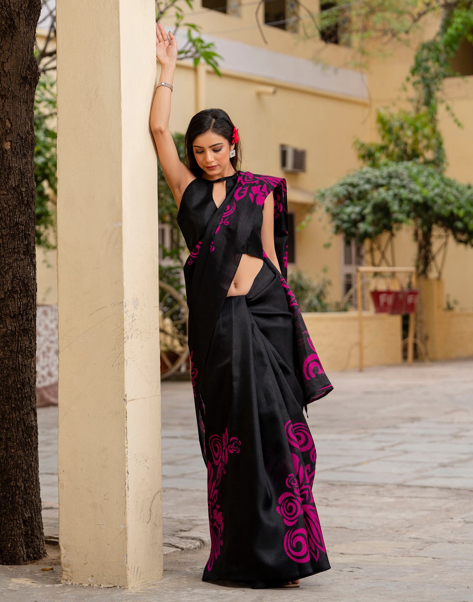 Black Khadi Floral Printed Saree