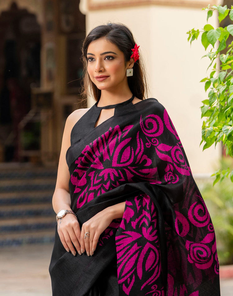 Black Khadi Floral Printed Saree