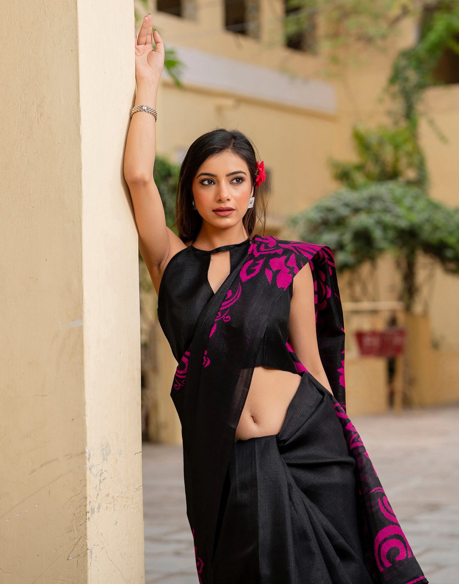Black Khadi Floral Printed Saree