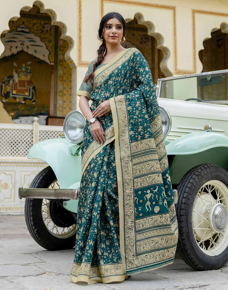 Rama Blue Khadi Warli Printed Saree