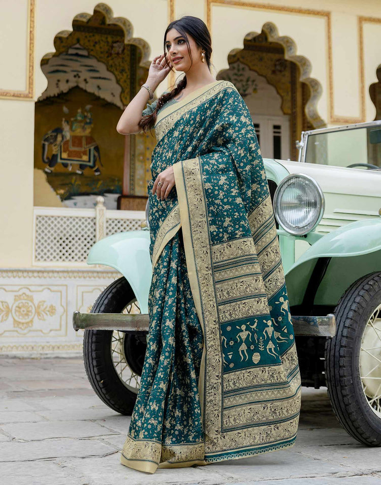 Rama Blue Khadi Warli Printed Saree
