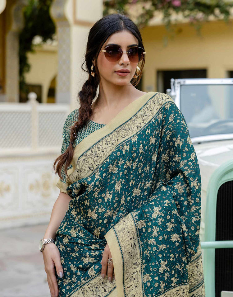 Rama Blue Khadi Warli Printed Saree