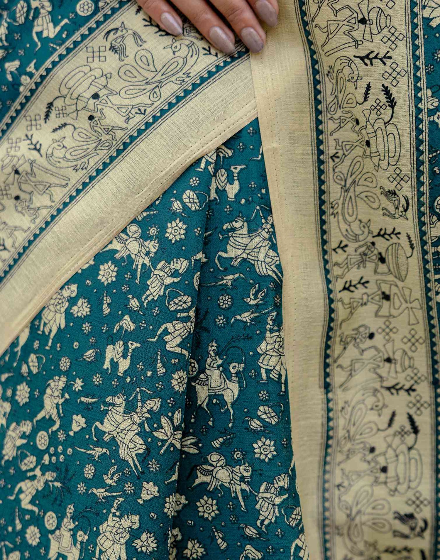 Rama Blue Khadi Warli Printed Saree