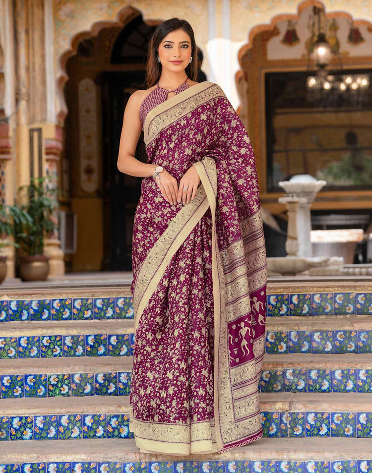 Dark Magenta Khadi Warli Printed Saree
