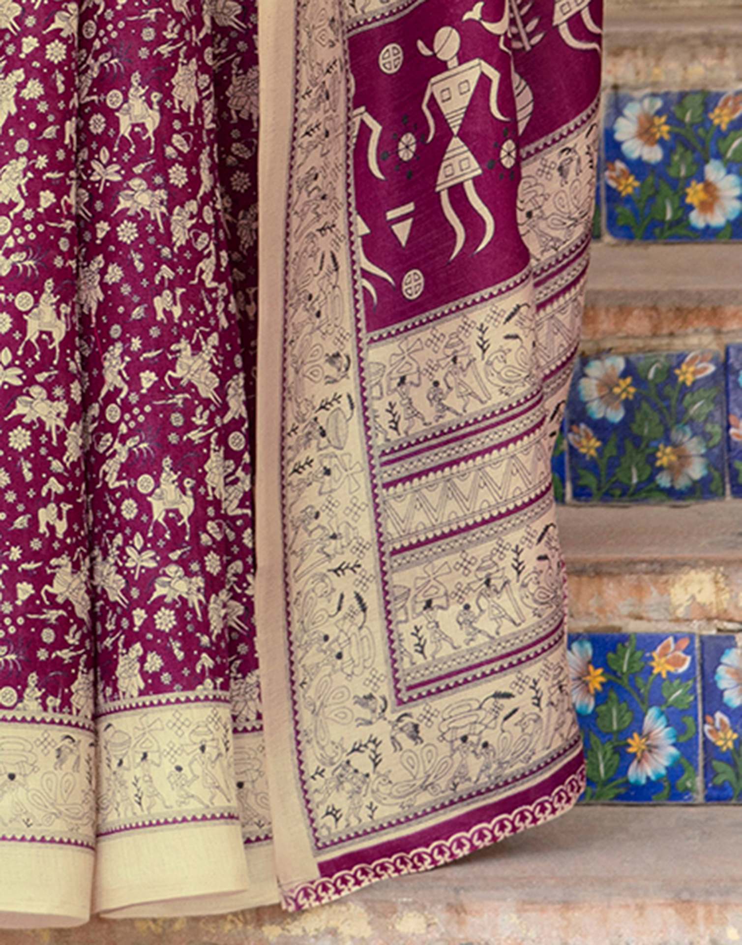 Dark Magenta Khadi Warli Printed Saree