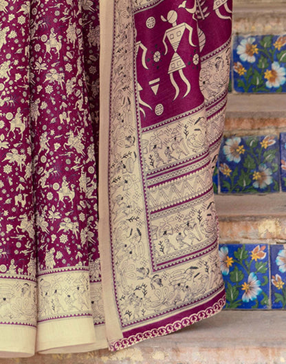 Dark Magenta Khadi Warli Printed Saree